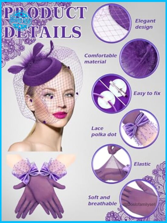 Vintage Fascinator Hat with Lace Gloves for Bridal Tea Party Wedding main image 6